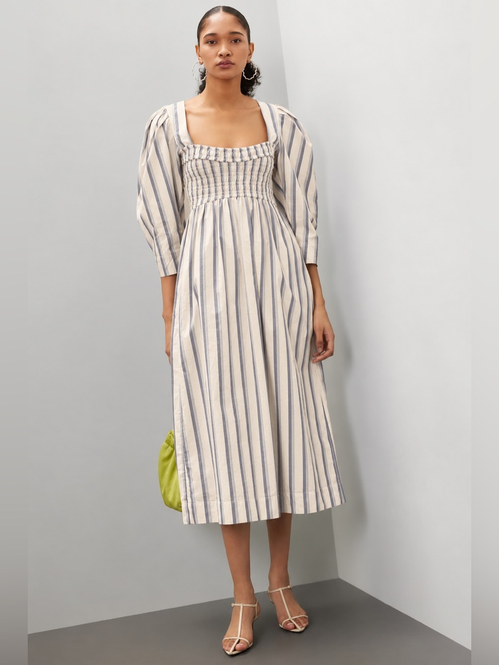 GANNI Pink & Blue Striped Cotton Smock Midi Dress Size 14